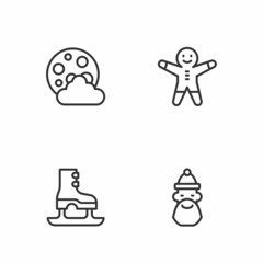 Set line Santa Claus hat and beard, Skates, Christmas night and Holiday gingerbread man cookie icon. Vector