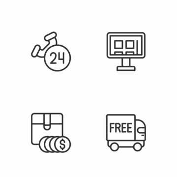Set line Free delivery service, Item price tag with dollar, Telephone 24 hours support and Online shopping screen icon. Vector