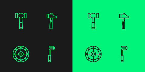 Set line Fire poker, Round shield, Hammer and icon. Vector