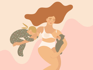 Mother of two. Young mom breastfeeding her newborn baby while lying down with older sister. Maternal love/co-sleeping vector illustration.