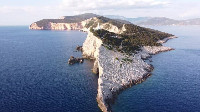 Cape of Ducato at Ionian Lefkada Island, Greece - Aerial Drone View of the Lighthouse and Steep Rocky Coastline