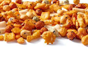 Japanese rice crackers assortment on a white background with a place for text