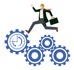 時計付きの歯車の上を走る白人男性のビジネスマン会社員のアバター　ビジネスイメージ労働生産性