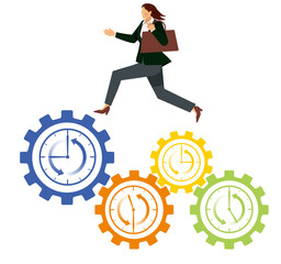 時計付きの歯車の上を走る黄色人種女性のビジネスマン会社員のアバター　ビジネスイメージ労働生産性、白背景