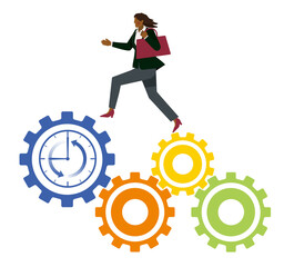 時計付きの歯車の上を走る黒人女性のビジネスマン会社員のアバター　ビジネスイメージ労働生産性、白背景