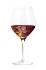 Vibrant wine grapes in a glass, creative collage. Classic cup wineglass, isolated on a white background