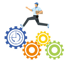 時計付きの歯車の上を走る黄色人種男性の配達員デリバリーのアバター　ビジネスイメージ労働生産性、白背景