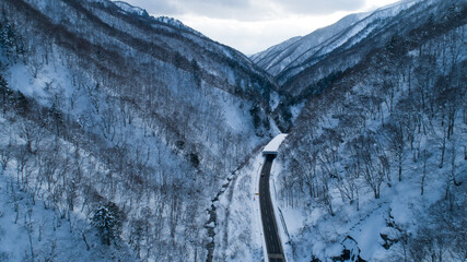 冬の山の道路