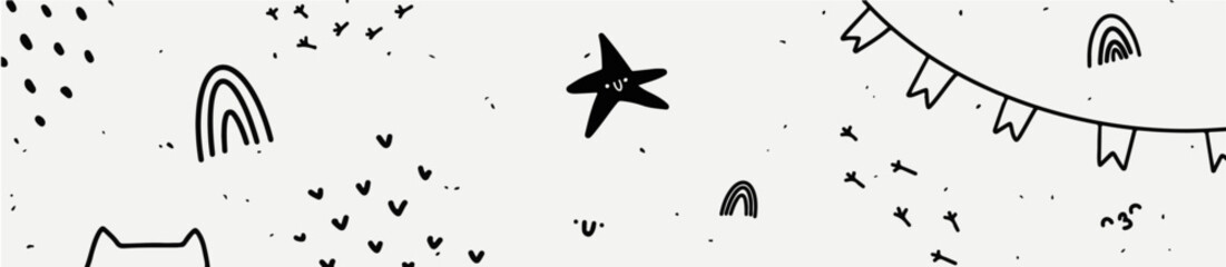 Banner for the website page with cute graphic stuff. Contour flags, rainbows, graphic things, bird tracks, smiley faces and cat ears all on this gray background. 