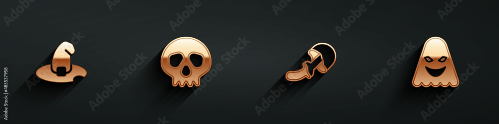 Wall mural Set Witch hat, Skull, Psilocybin mushroom and Ghost icon with long shadow. Vector