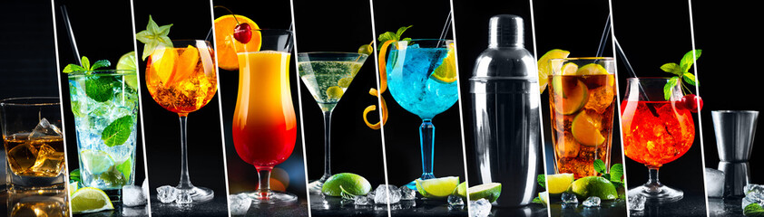 Collage of various cocktails with shaker