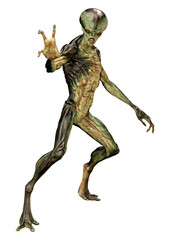 3D Rendering Green Alien on White