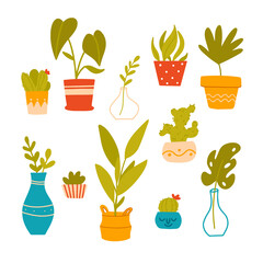 Plant lady green house. Set of cute plants in pots, planters, cacti, tropical leaves. Urban jungle banner, greeting card print. House interior decor elements. Houseplants growing, Home gardening
