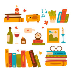 Collection of books, cozy home decor. Stack of books, retro clock, candle in candlestick, wine, radio. Objects set for home interior, book store, library. Bookworm concept