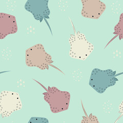 Sea stingrays seamless pattern. Cartoon fish children print. Cute underwater world. Simple repeting background for baby. Hand drawn vector illustration in Scandinavian style. Stingray in the ocean.