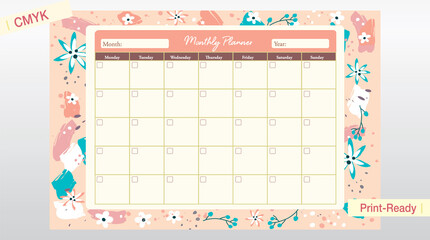 monthly wall planner, girly style. Print-ready 