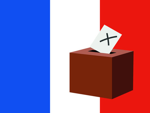 France election concept. Voting at the ballot box with  a big French flag Tricolore in the background. Illustration. Vector available. 