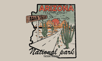 Arizona desert road trip vintage graphic print design for t shirt, poster, sticker and others. Cactus and mountain in arizona map vector artwork. - obrazy, fototapety, plakaty