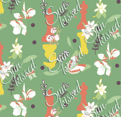 Abstract seamless pattern with words Sun-kissed and flowers and chess on the blue grey background
