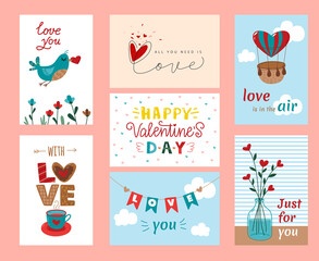 Romantic love postcard. Valentines day design cards, birthday party or banners with hearts. Cute happy posters with air balloon, bird and cup, classy vector set