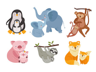 Mother and baby animals. Elephants mom and child together. Wild animal parents and babies, cartoon cute characters for children, neoteric vector kit