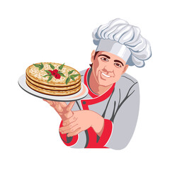 Logo, confectioner in a cap and special clothes, smiling, holding a plate of pancakes. Advertising for the profession of cook, confectioner, pancake, bakery and cafe.