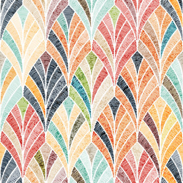 Bohemian embroidered seamless pattern. Patchwork style print for home decor, pillows, rugs, blankets. Hand drawn ogi ornament. Vector illustration.
