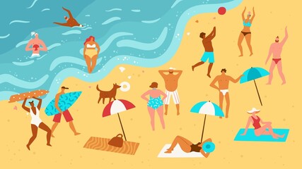 Fototapeta na wymiar Beach summer holidays people. Sunbathing characters. Men and women in bikinis and swimming trunks. Seashore activities. Ocean vacation. Persons play with ball and surfing. Vector concept