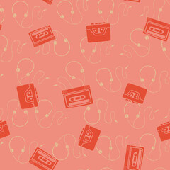 Vector retro turntable record players and vinyl records seamless repeat pattern background. Perfect for fabric, wallpaper, wrapping paper, scrapbooking projects.