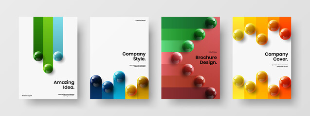 Original 3D balls company brochure template set. Clean poster A4 vector design concept bundle.