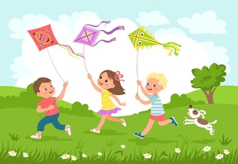 Plakat Children fly kites. Happy kids running and launch air toys together in nature. Bright color objects. Different controlled things. Summer leisure. Girl and boys play outdoor. Vector concept