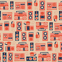 Vector 70s 80s retro cassette players, speakers, boombox, and headphones seamless repeat pattern background. Perfect for fabric, wallpaper, wrapping paper, scrapbooking projects.