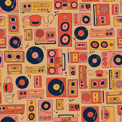 Vector retro music players and technology seamless repeat pattern background. Perfect for fabric, wallpaper, wrapping paper, scrapbooking projects. 