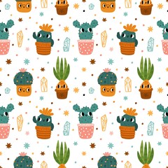 Cute cactus seamless pattern. Cartoon print with kawaii cacti in flower pots. Kids floral theme. Happy houseplants. Succulents and bulbous plants with pretty muzzles. Vector background
