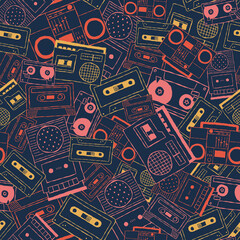 Vector nostalgic 80s 90s retro cassette tape, boombox, tape player, tape recorder seamless repeat pattern background. Perfect for fabric, wallpaper, wrapping paper, scrapbooking projects. 
