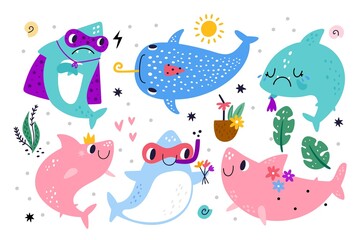 Naklejka premium Cute shark characters. Funny ocean animals. Cartoon mascots. Kids sea creatures with faces. Seaweeds and tropical cocktail. Underwater world. Marine life. Vector undersea predators set