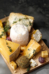 Assortment of different cheese close up on dark background. Shropshire, langre, asiago, gorgonzola,...