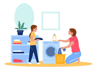 Girl helping mother with laundry. Family household work