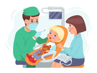 Pediatrician appointment. Little boy in dentists chair. Kids toothache. Mom support. Medical examination. Family at doctors consultation. Dental diagnostic and treatment. Vector concept