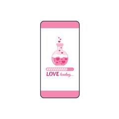 Love countdown bar on smartphone screen. Love loading bar with glass lab flask with hearts and love potion fill progress on mobile phone display. Flat design cartoon vector illustration.