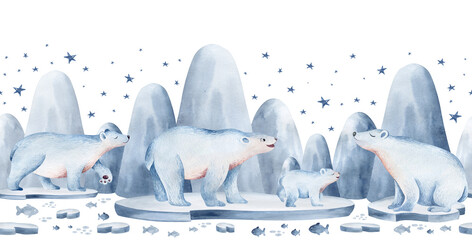 Nahtloses Grenzmuster mit nördlichen Tieren. Kindliche Illustration süßer Nordpoltiere. Eisbären auf Eisschollen, Robben zwischen den Bergen der Arktis. Für die Gestaltung von Weihnachtskarten hat chi