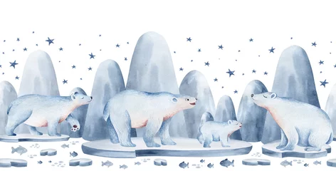 Fotobehang Kinderkamer Naadloos grenspatroon met noordelijke dieren. Kinderachtige illustratie van schattige noordpooldieren. IJsberen op ijsschotsen, zeehonden tussen de bergen van het Noordpoolgebied. Voor het ontwerpen van kerstkaarten, chi