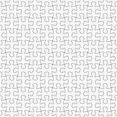Puzzle seamless pattern. Outlines joined blank segments. Completed endless mosaic. Educational creative game. White grid. Assemble jigsaw. Connected riddle pieces. Vector background