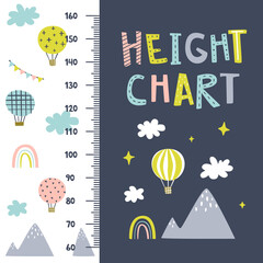 Naklejka premium Scandinavian height chart with hot air balloon. Sky travel naive nursery scale. Cute baby stadiometer.