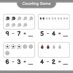 Count and match, count the number of Soccer Ball, Football Helmet, Dumbbell, Punching Bag and match with the right numbers. Educational children game, printable worksheet, vector illustration