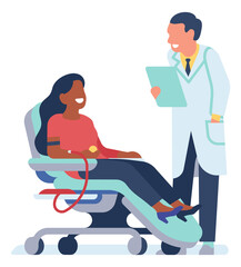 Volunteer donating blood with doctor help. Smiling donor