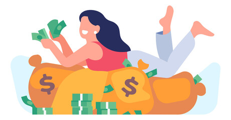 Woman laying on money bags. Wealthy person