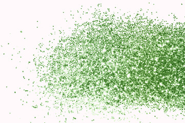 Green glitter sparkles on white background. Can be used as place for text, for greeting or invitation cards, fashion magazines, web sites etc.