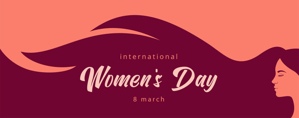 Woman's head on the side with waving hair. Horizontal banner for Women's Day or Mother's Day