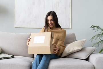Happy young woman sit on couch room unpack cardboard box buying goods on Internet. shopping online,...
